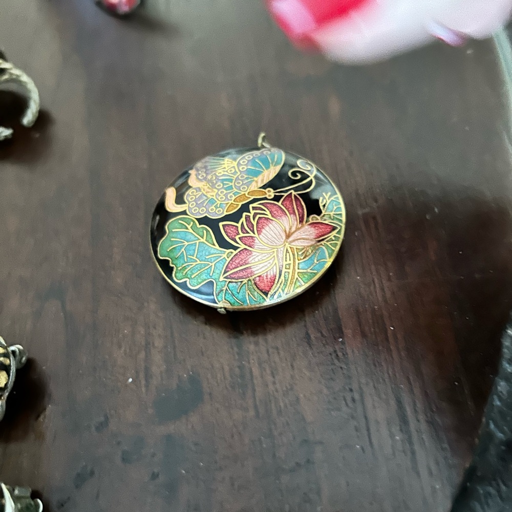 Colorful Cloisonné Enamel Butterfly and Flower Pendant